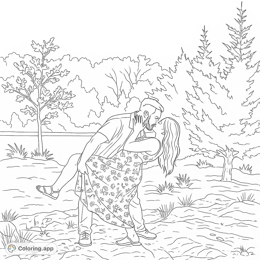 A romantic couple shares a passionate kiss by a serene lake, surrounded by nature. This love coloring page is perfect for celebrating affection and connection.