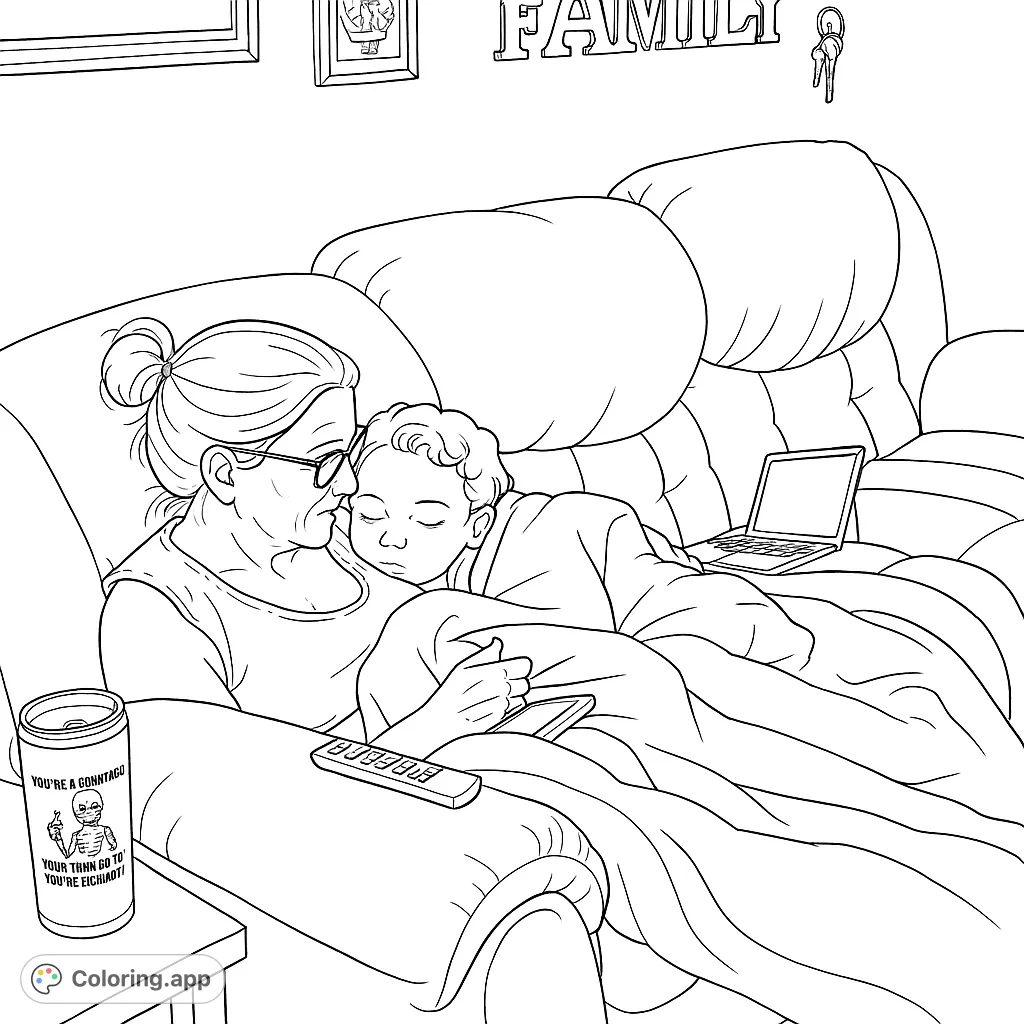 A heartwarming scene of a grandmother and child napping together on a plush sofa, surrounded by comforting home details.
