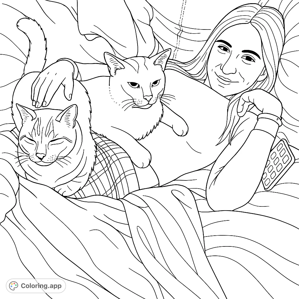 A person relaxes with two cats, one tabby and one white with ginger patches, in a cozy setting. Perfect for pet companionship coloring page.