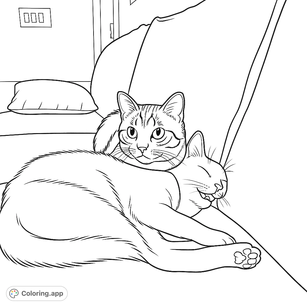 A heartwarming free printable cats coloring page featuring two adorable felines snuggled on a couch, perfect for relaxation and pet lovers.