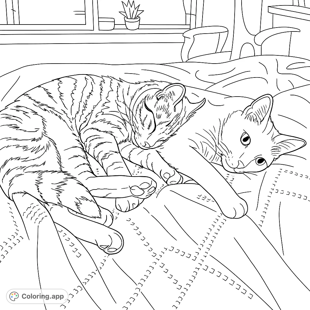 Adorable coloring page featuring two cats peacefully napping together on a soft blanket. Perfect for cat lovers of all ages to enjoy.
