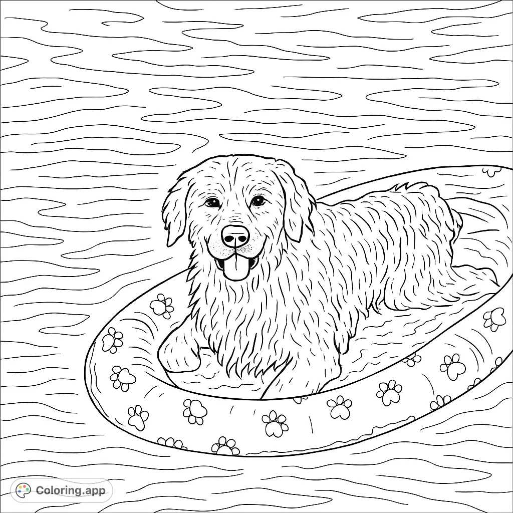 A joyful Golden Retriever relaxes in a paw-print decorated pool float, surrounded by rippling water. A perfect summer dog coloring page for all ages.