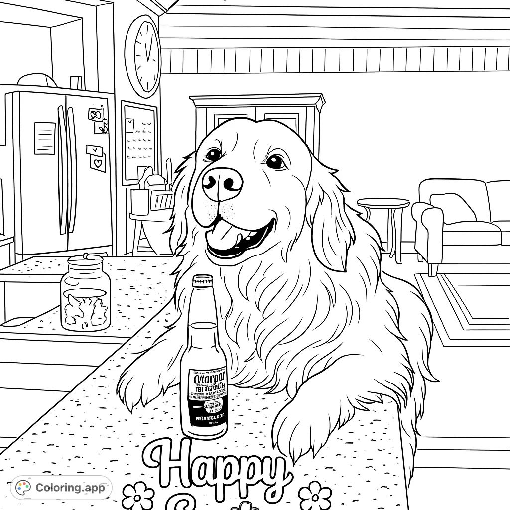 A charming golden retriever celebrates Easter on a kitchen counter, complete with a festive message and a bottle. Perfect for holiday fun!