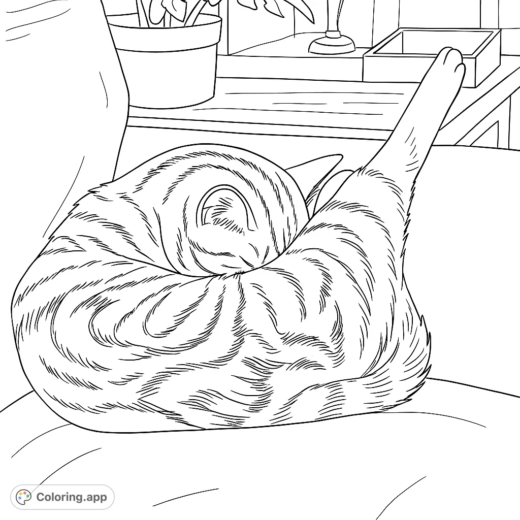 A cozy tabby cat curled up asleep on a soft couch, with one leg playfully stretched up. A peaceful cat coloring page perfect for relaxation.
