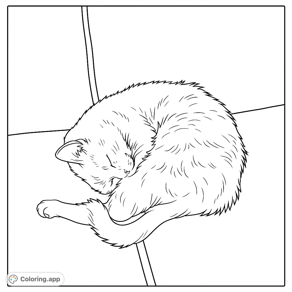 A serene cat curled up in a peaceful slumber, perfect for a relaxing animal coloring page. Features soft fur textures and a cozy pose.