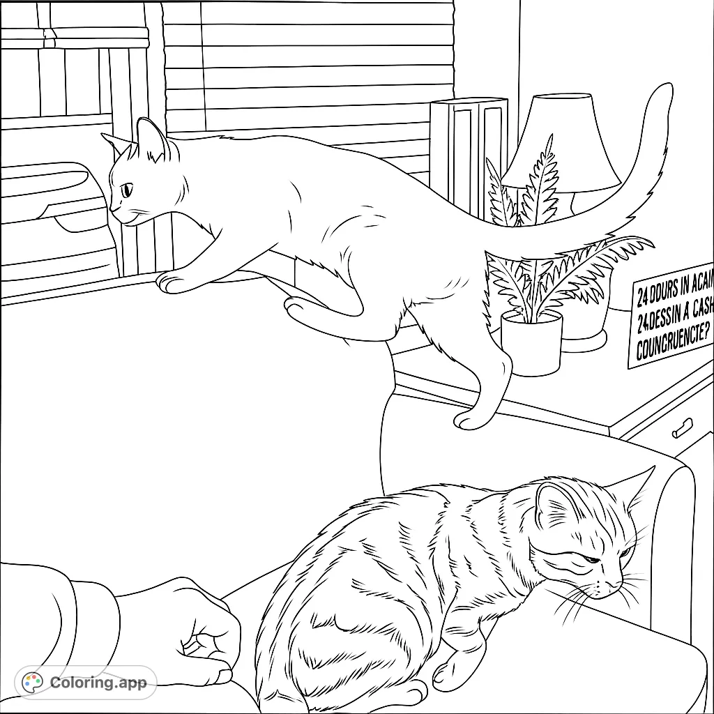 A charming cat coloring page featuring two feline friends: a white cat on a couch back and a tabby cat below, perfect for cat lovers.