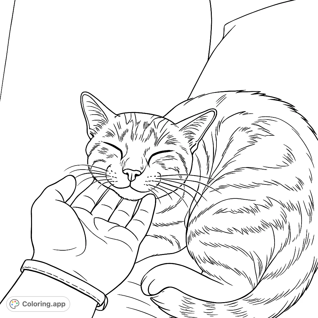 A peaceful tabby cat enjoys gentle pets from a loving hand, nestled on a cozy sofa. A heartwarming scene perfect for a relaxing coloring experience.