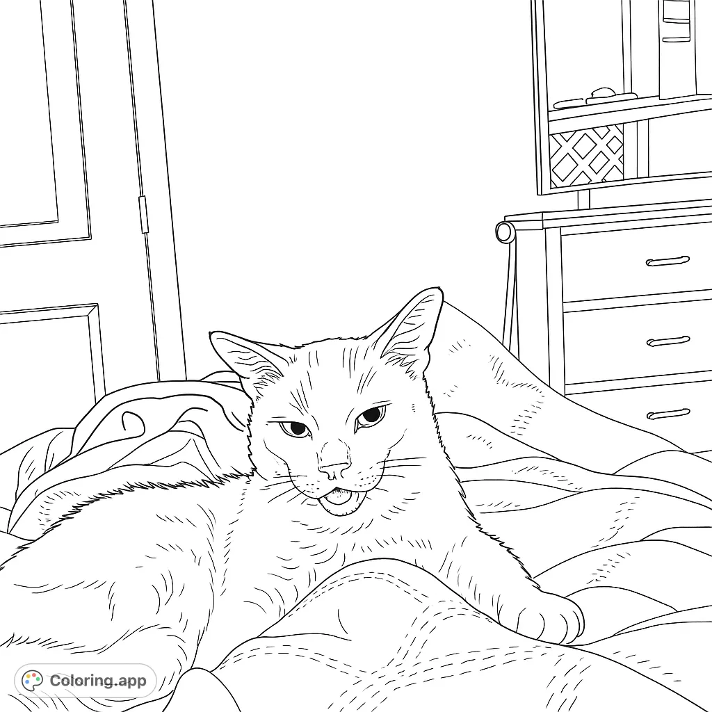 A charming cat relaxes on a textured blanket, perfect for a cozy coloring session. Enjoy this free printable cat coloring page!