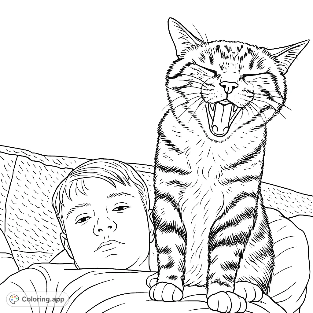 A funny cat yawns widely while standing on a person's chest, capturing a humorous moment of pet companionship. Perfect for animal lovers.