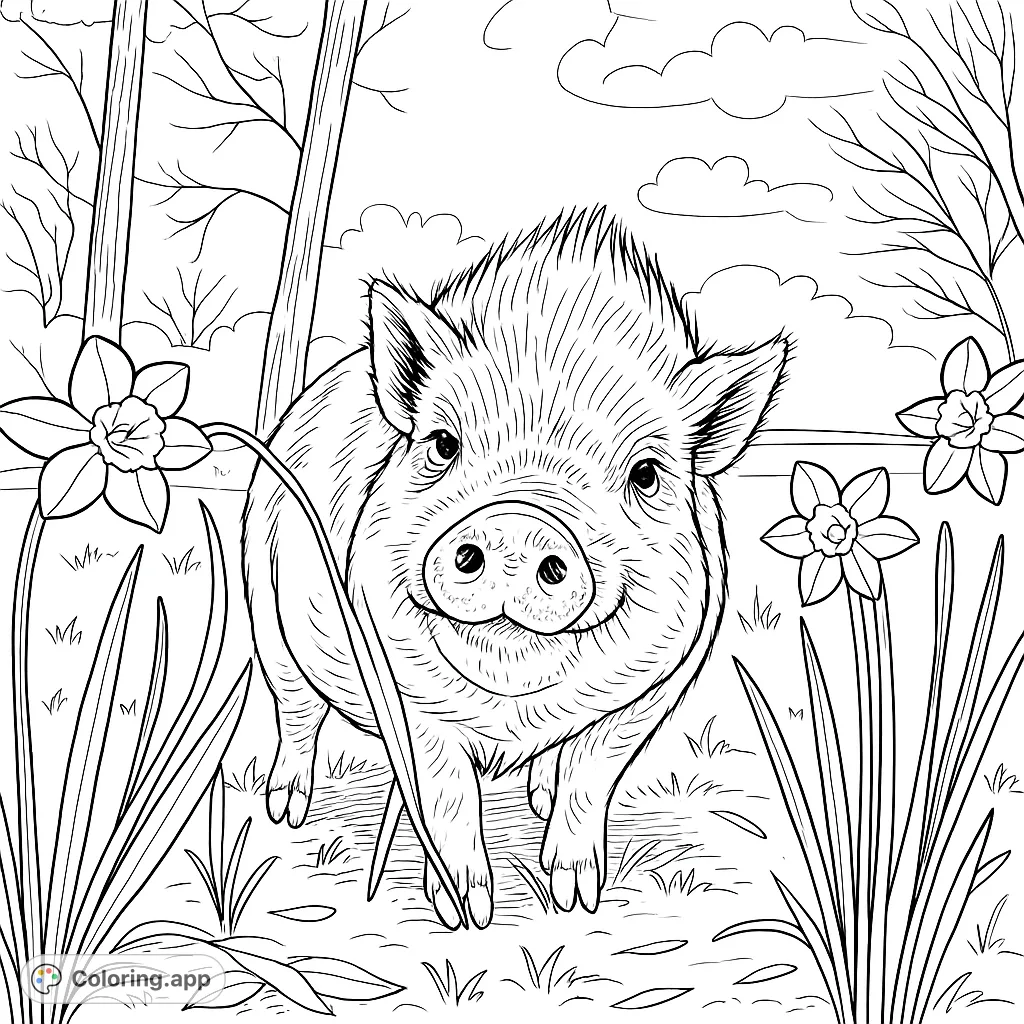 An adorable pig peeks through vibrant daffodils in a charming spring scene. A delightful free printable pig coloring page for kids and adults.