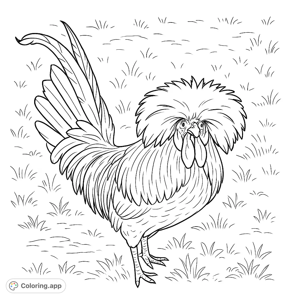 A striking crested rooster with a fluffy white head and dark feathers stands proudly on grassy ground, ready for vibrant colors.