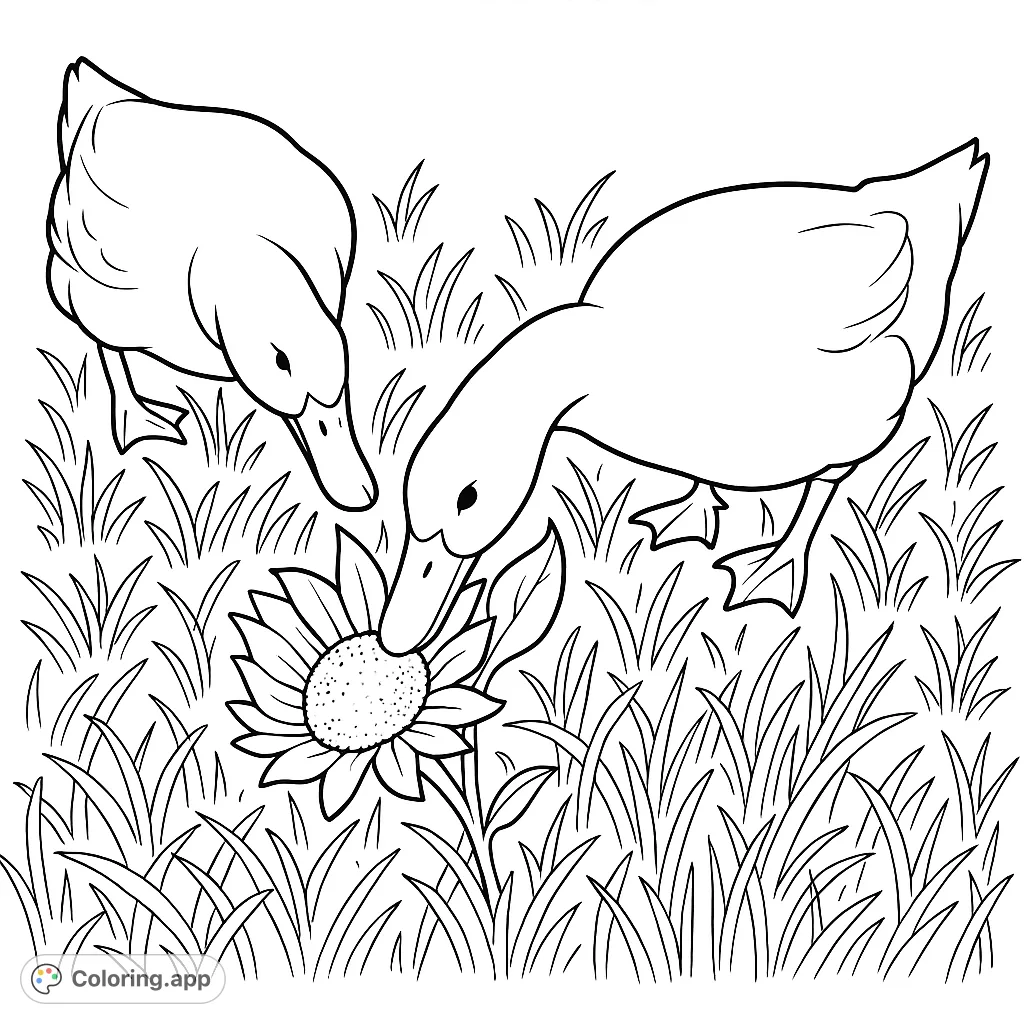 Two curious ducks exploring a sunflower in a grassy field. A charming nature scene, perfect for a relaxing coloring experience for all ages.