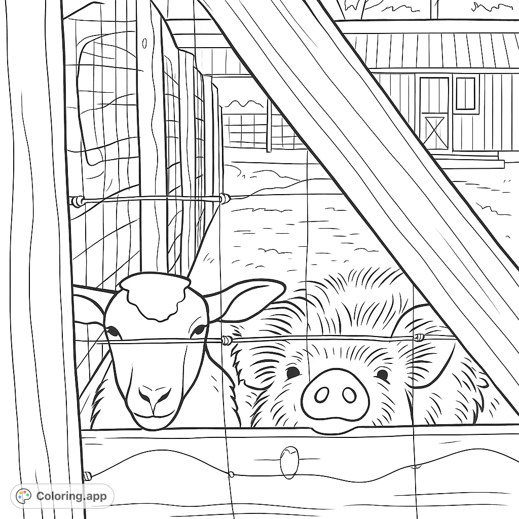 A charming farm scene featuring a curious lamb and a friendly pig peeking over a fence, ready for your creative colors.