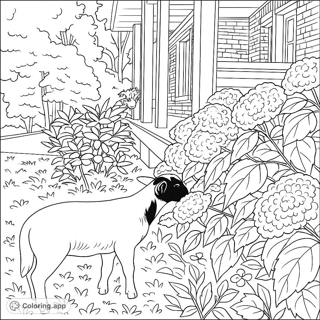 A charming lamb explores a lush garden, sniffing large floral clusters near a cozy porch. A delightful farm animal coloring page.