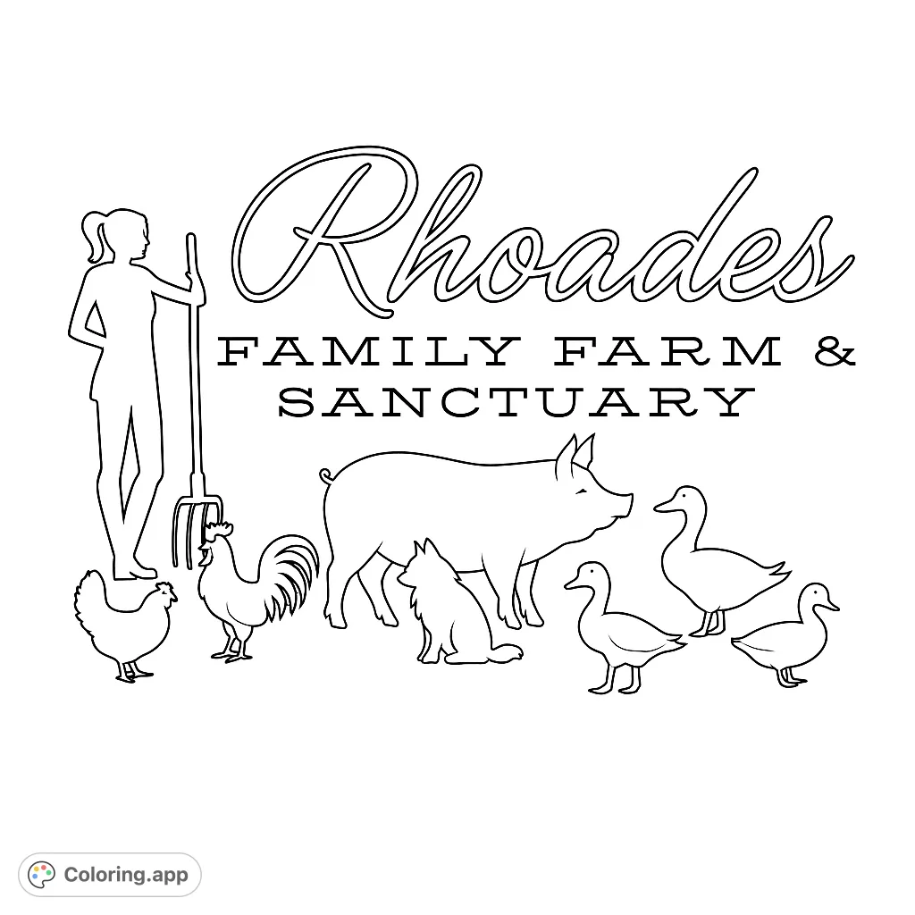 A delightful farm animal coloring page featuring a farmer, pig, rooster, hen, cat, sheep, goose, and duck. Perfect for all ages to bring a vibrant farm scene to life.