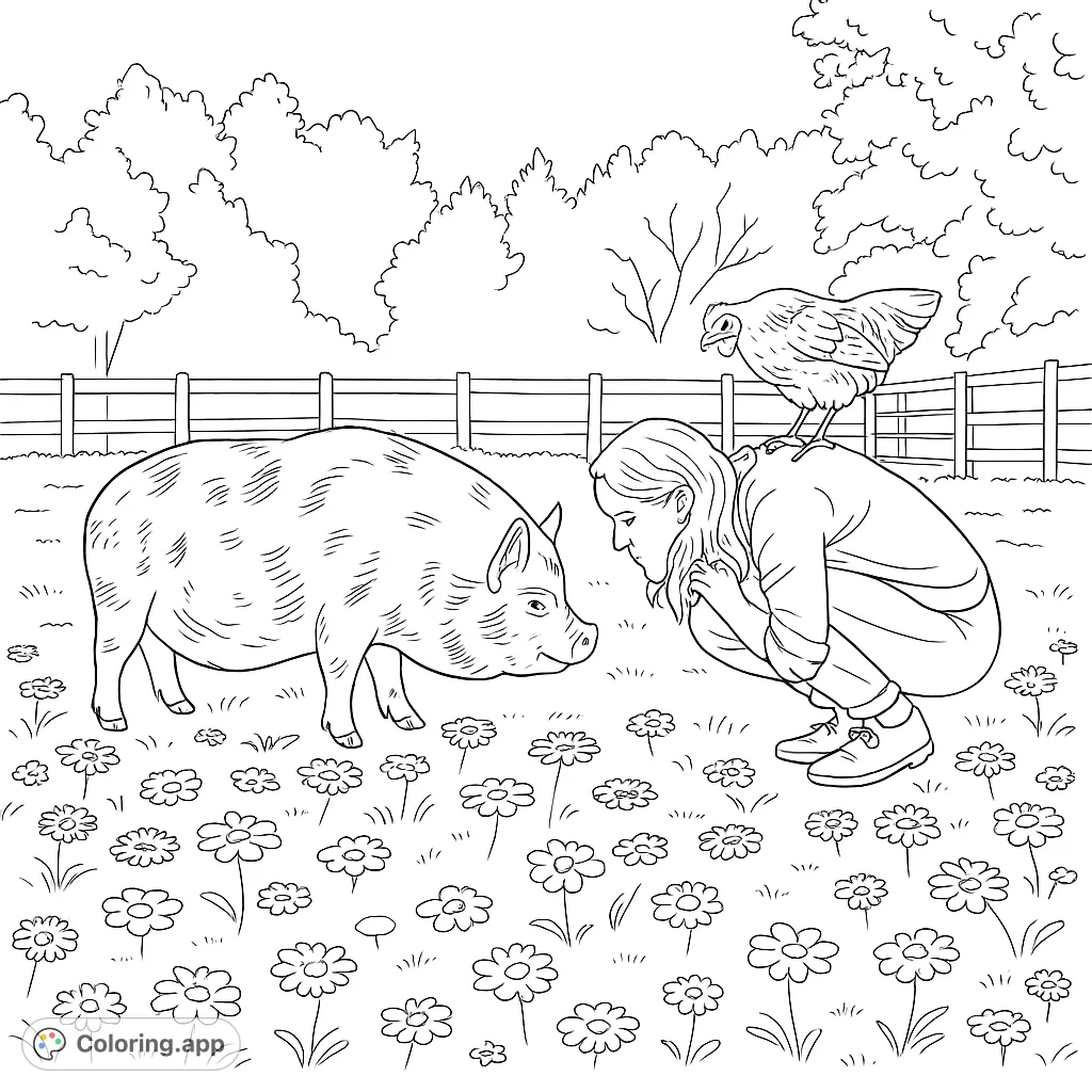 A charming farm animal coloring page featuring a girl, a pig, and a chicken in a vibrant wildflower field. Free printable coloring page for kids and adults.