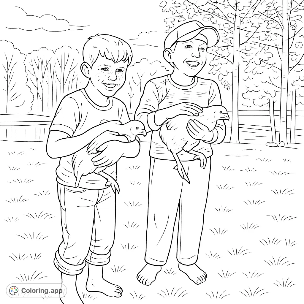 Two happy boys hold their pet chickens in a sunny farm field, with a pond and trees in the background. A charming farm life scene.