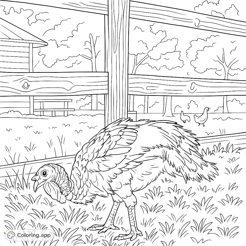 Color a detailed turkey in a grassy field with a rustic fence and distant farm elements. A charming farm animal coloring page for all ages.