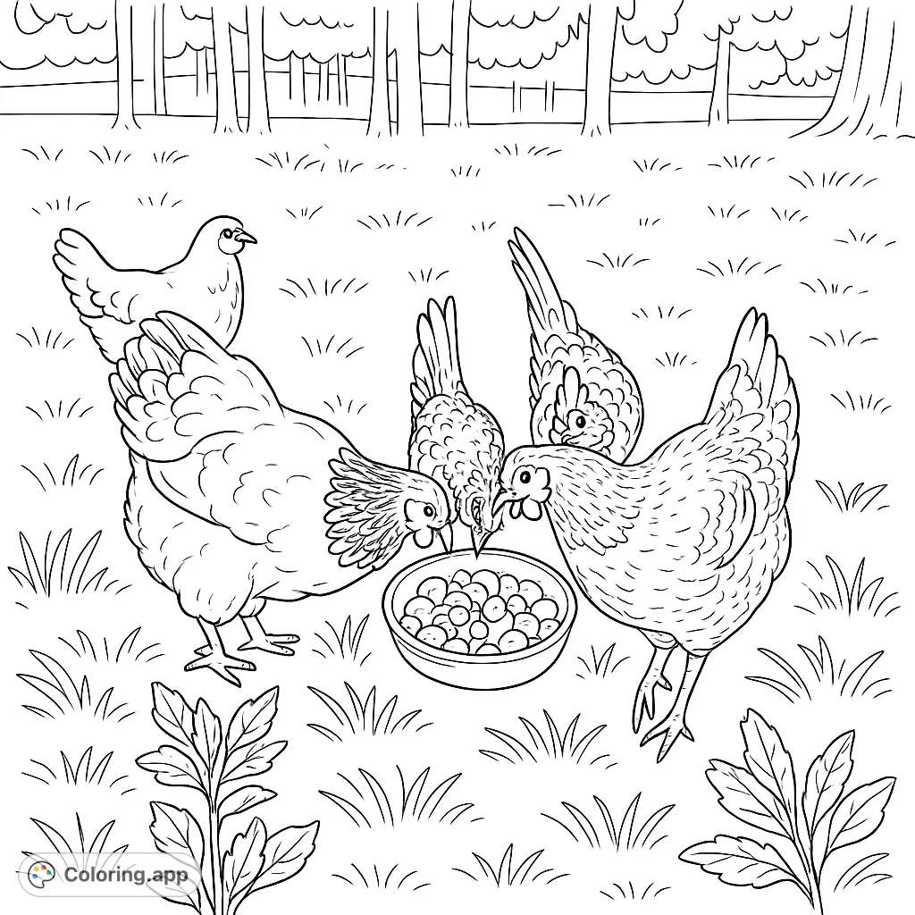 A delightful farmyard scene featuring five happy chickens gathered around a bowl of fresh berries. Perfect for a relaxing and charming coloring experience.