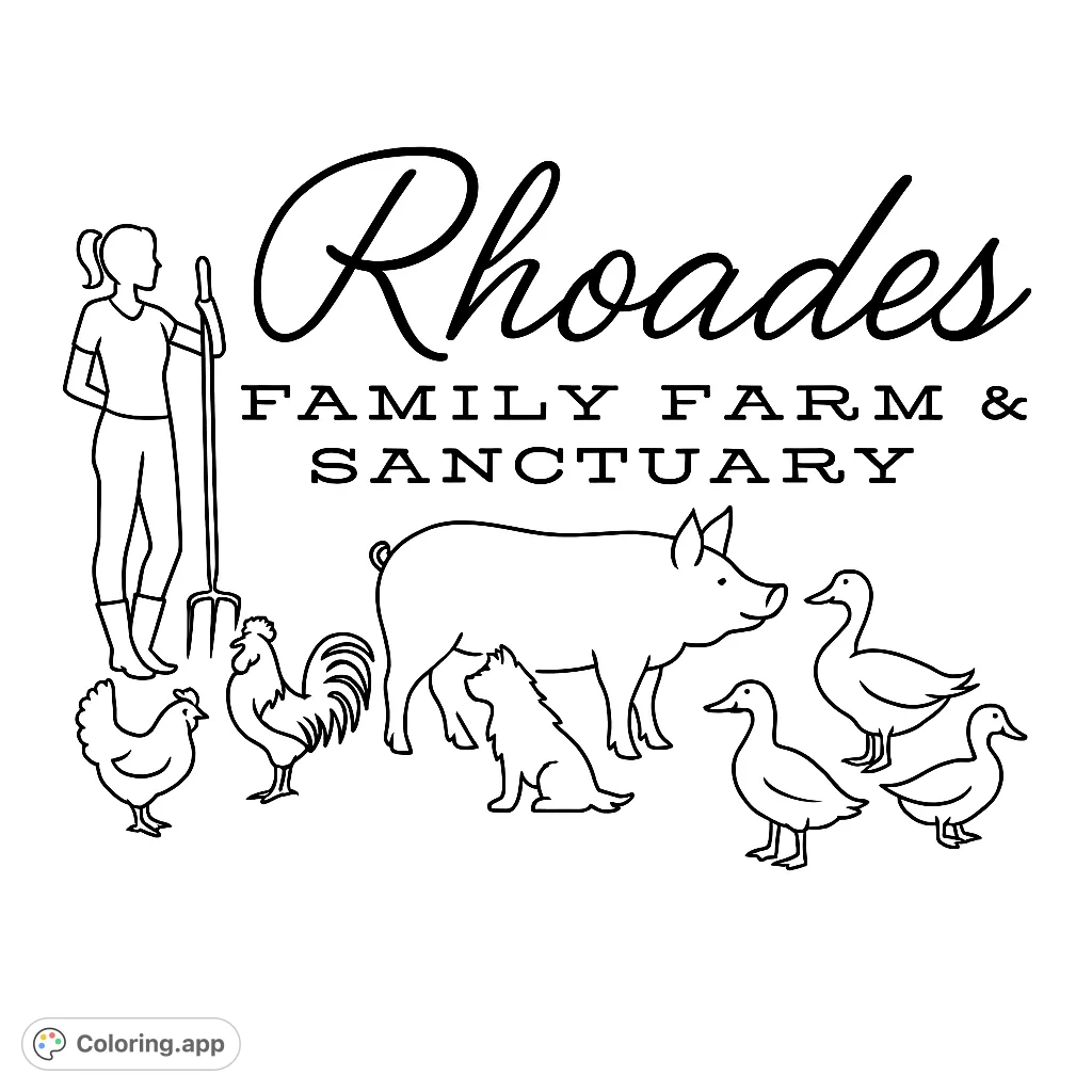 A delightful farm animal coloring page featuring a farmer and various barnyard friends like a pig, rooster, hen, cat, sheep, goose, and duck.