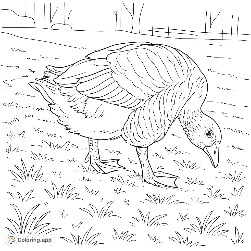 A charming goose grazes on a grassy field, perfect for a nature-themed coloring page. Features detailed feathers and a serene outdoor scene.