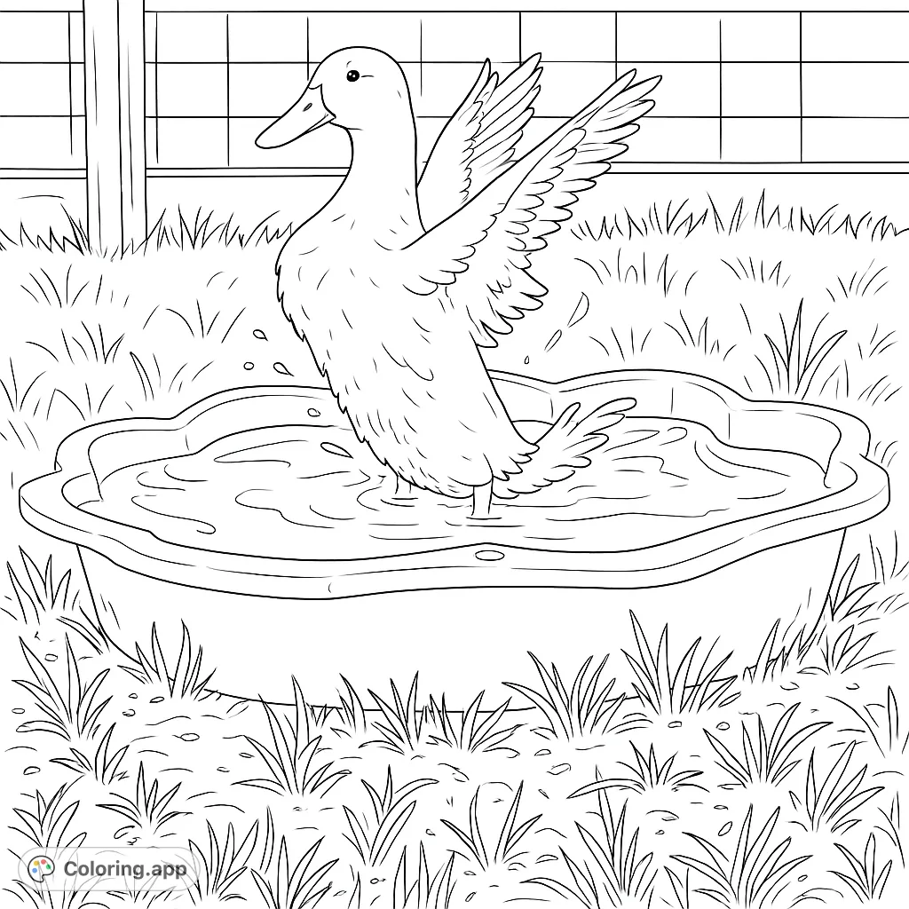 A happy duck splashes playfully in a small pool, wings outstretched, creating dynamic water ripples. This delightful animal coloring page is a free printable for kids and adults.