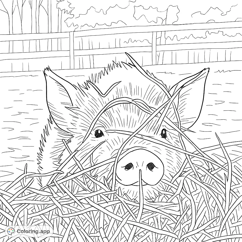 A charming pig peeking from a pile of hay, with detailed textures for a delightful farm animal coloring page. Perfect for all ages!