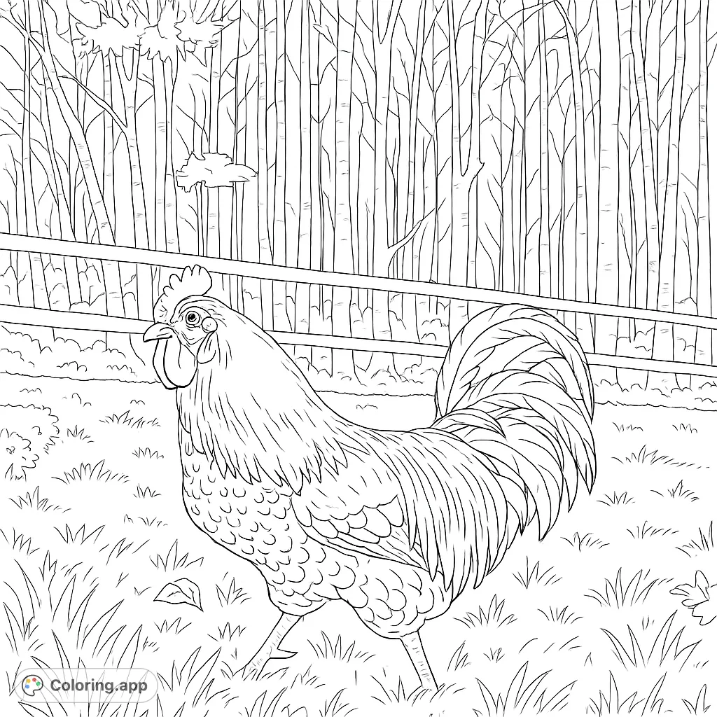 A proud rooster stands in a grassy field with a rustic fence and trees in the background. Perfect for farm animal enthusiasts and nature lovers.