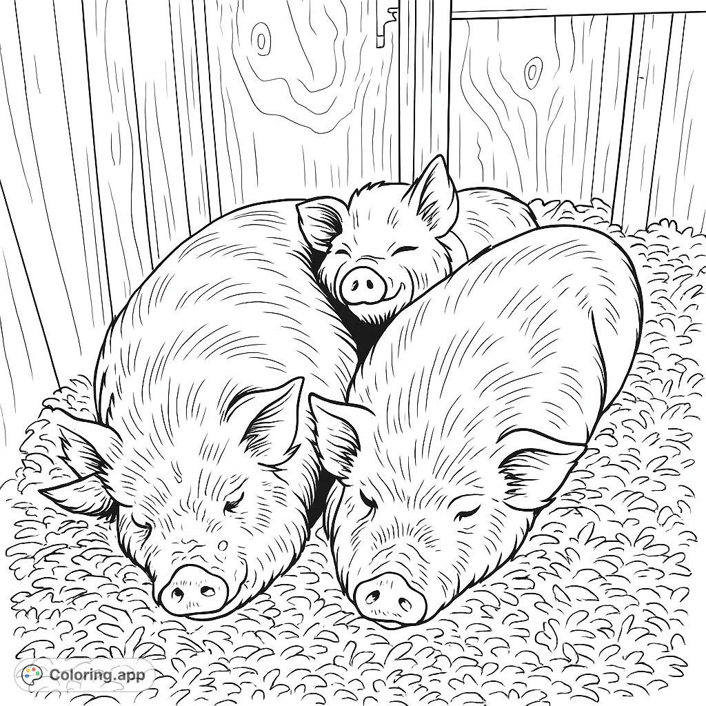 Three adorable piglets snuggled together in a cozy pen, rendered as a pure black and white line drawing. Perfect free printable farm animal coloring page for kids and adults.