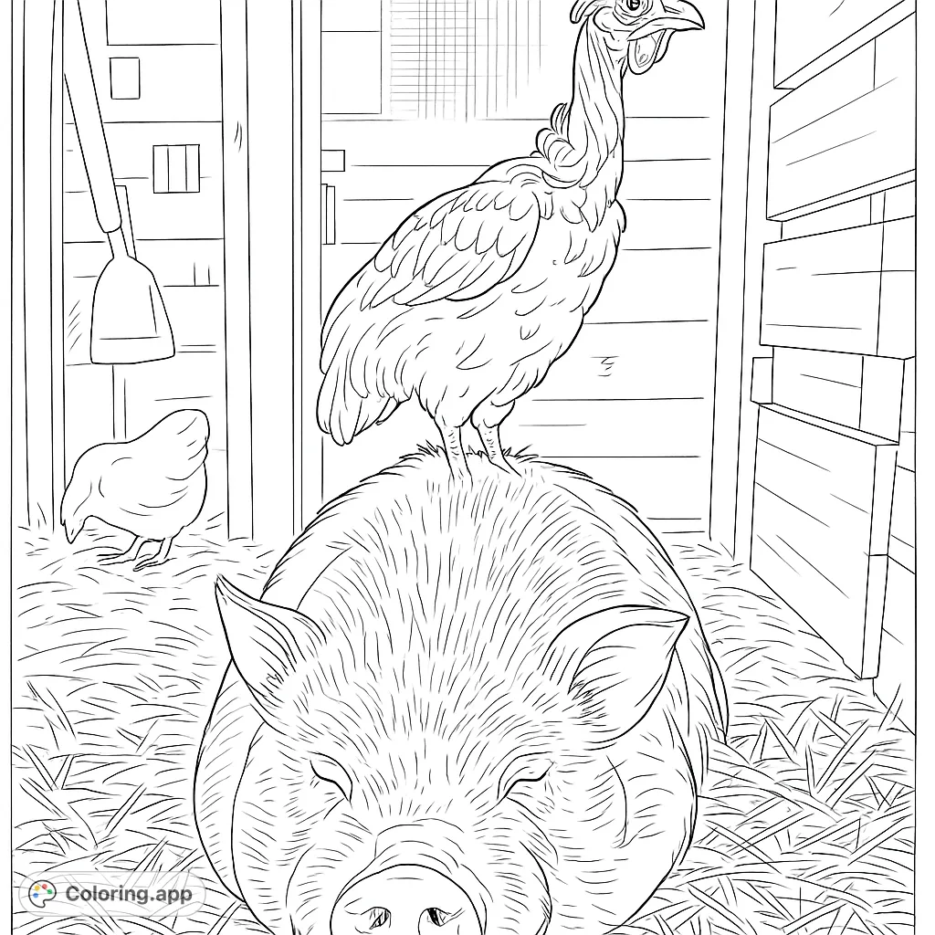 Discover an adorable farm scene featuring a pig and its chicken friend. A charming barnyard duo ready for your creative touch!