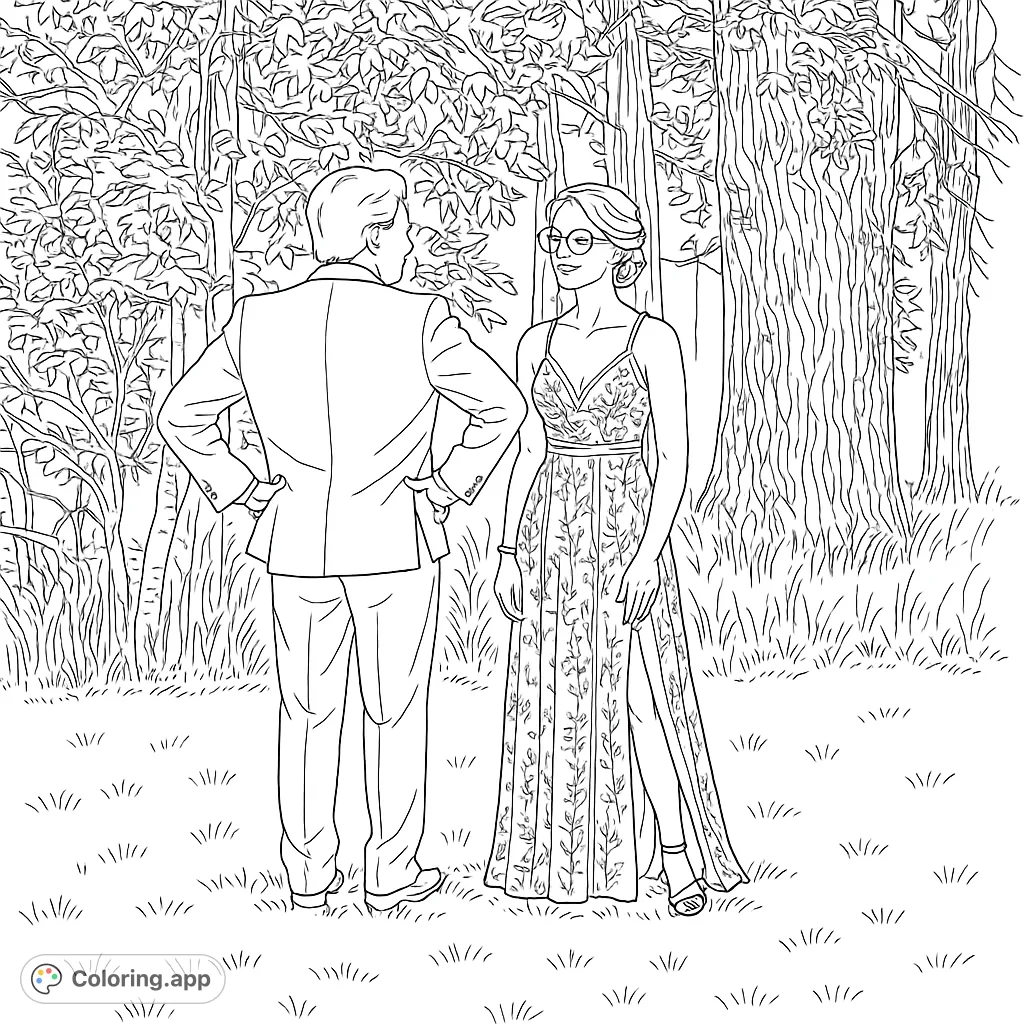 Capture the elegance of a formal couple in a natural setting. This prom night coloring page features intricate dress details and a serene outdoor backdrop.