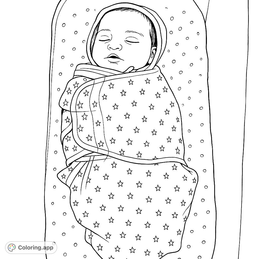 A serene newborn baby, swaddled in a star-patterned blanket, sleeps peacefully in a cozy bassinet. Perfect for new parents and baby-themed coloring.