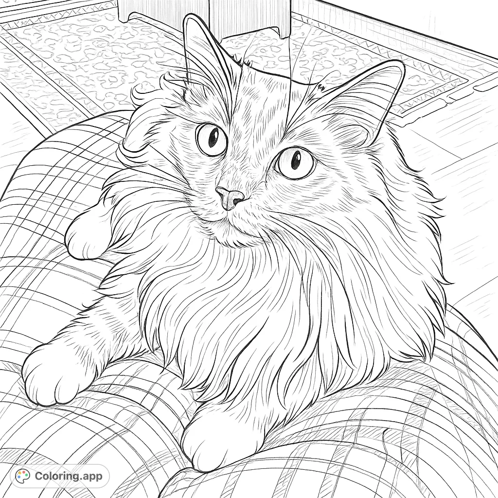 A charming fluffy cat with a white chest and paws rests on a cozy plaid blanket, gazing directly. A delightful cat coloring page for all ages.