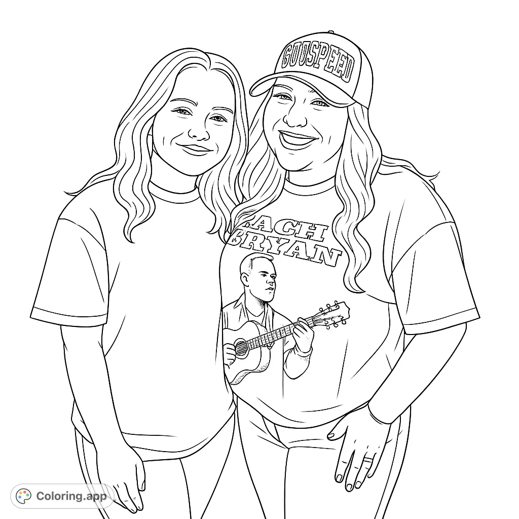 Two smiling friends, one in a concert tee and camo cap, pose for a fun, free printable coloring page. Perfect for personalizing with vibrant colors!