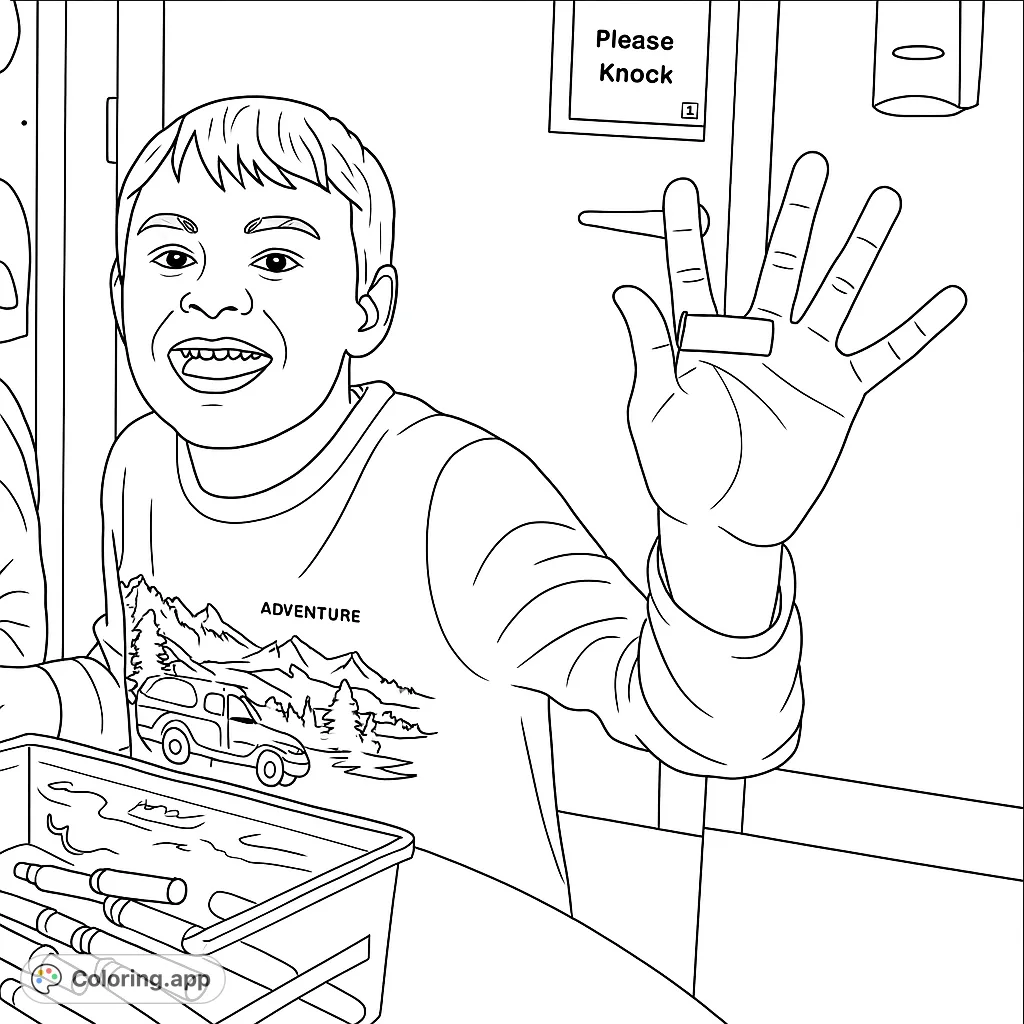 A cheerful boy with an adventure-themed shirt, holding an object, ready for creative coloring fun. Perfect for kids and adults!
