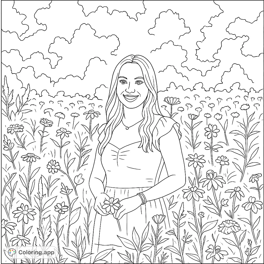 A smiling woman stands in a vibrant wildflower field, surrounded by various blooms and tall grasses, ready for your creative touch.
