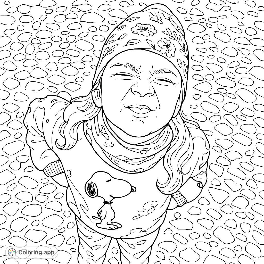 A joyful young girl with a playful expression, wearing a patterned hat and top, looking up from a textured cobblestone path. Perfect for creative coloring fun!