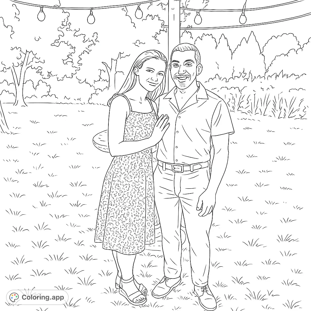 A happy couple stands embraced under string lights in a grassy outdoor setting, perfect for a romantic couple coloring page.