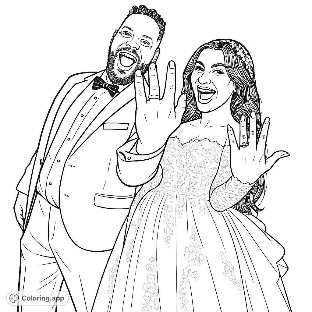 A joyful wedding couple proudly displays their new rings, perfect for a wedding coloring page. Celebrate love with this free printable coloring page.