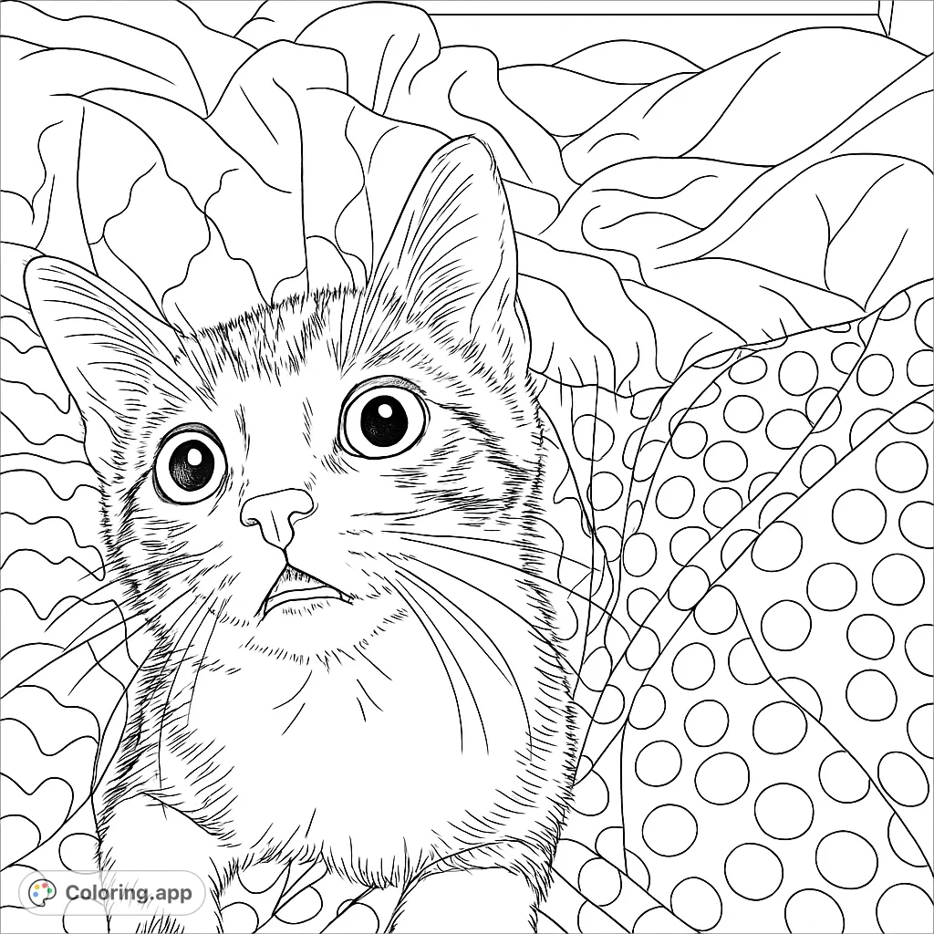 A charming kitten with wide, curious eyes nestled in a patterned blanket. Perfect for a delightful animal coloring page experience.