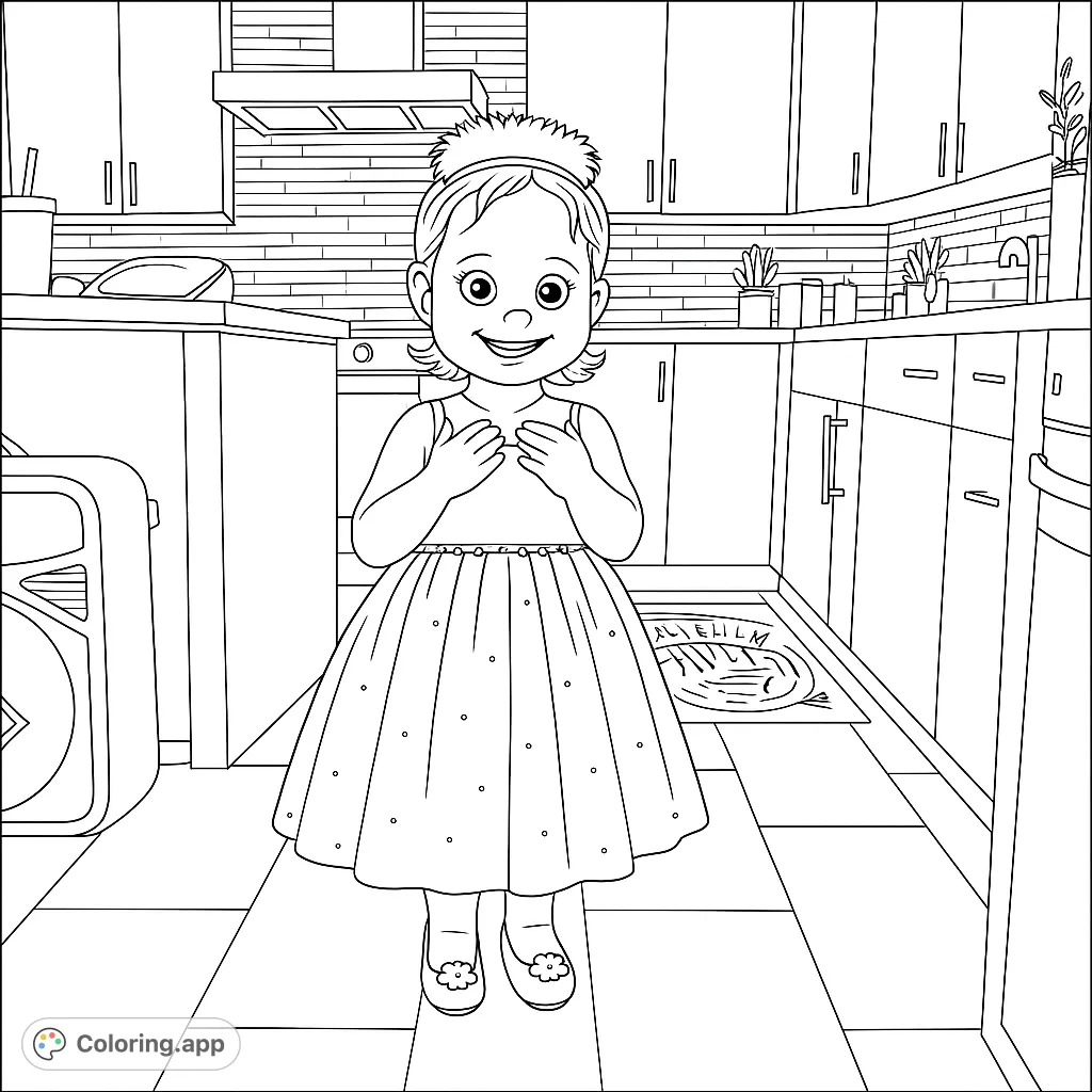 A joyful girl in a beautiful princess dress with a tiara, ready for a magical coloring adventure in a detailed kitchen setting.
