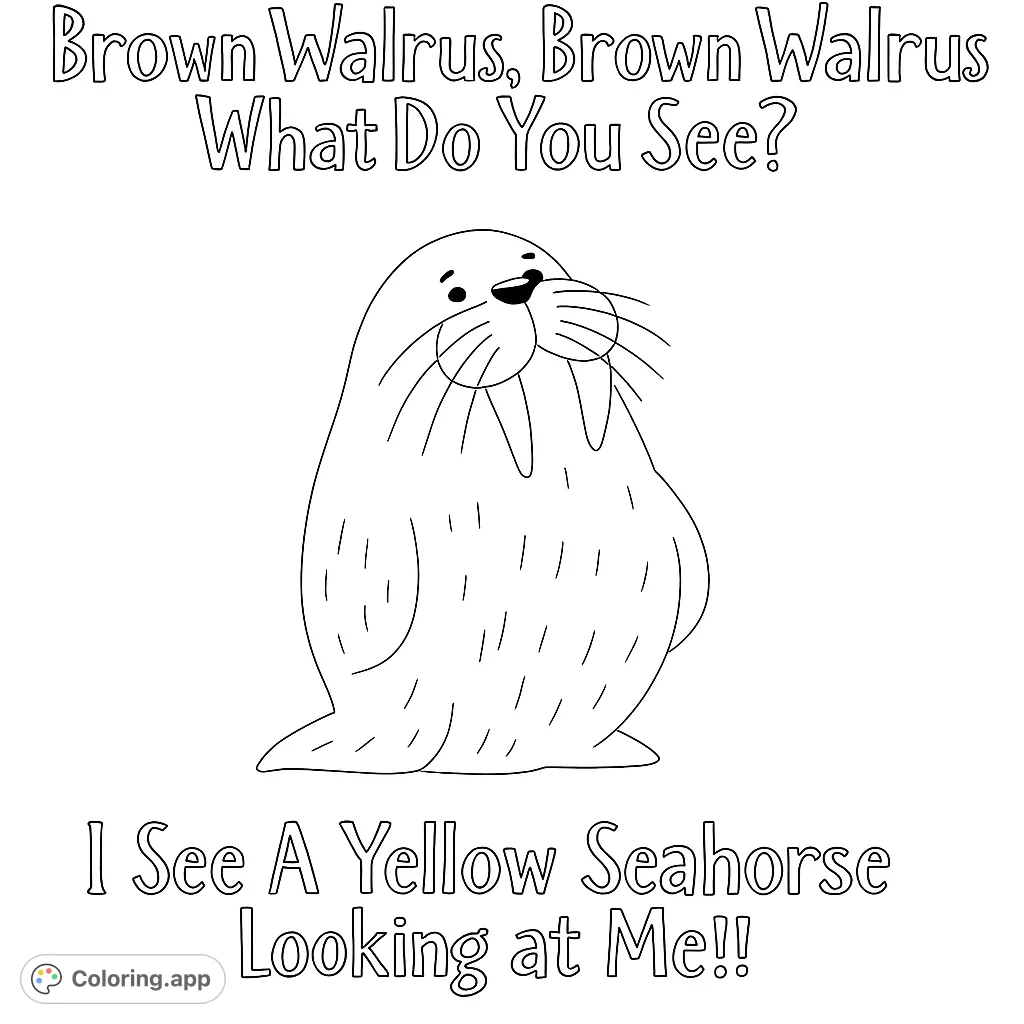 A delightful walrus with big tusks and whiskers, ready for vibrant colors. Perfect for a fun arctic animal coloring page adventure.