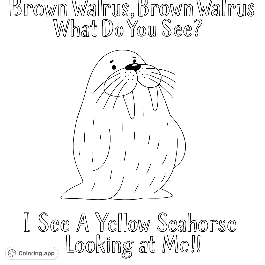 A delightful walrus with big tusks and whiskers, ready for vibrant colors. Perfect for a fun arctic animal coloring page adventure.