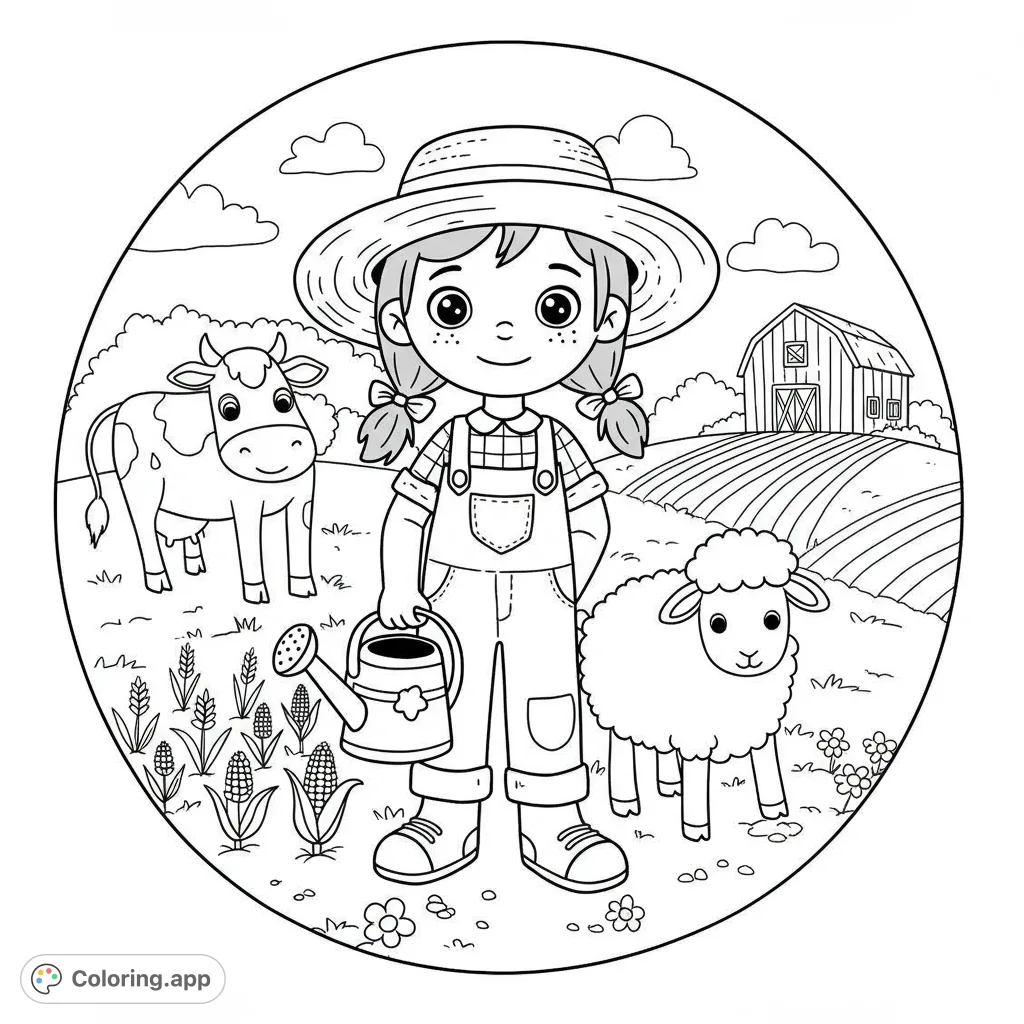A delightful black and white line drawing featuring Mady, a cheerful girl, surrounded by farm animals and crops, perfect for young colorists.