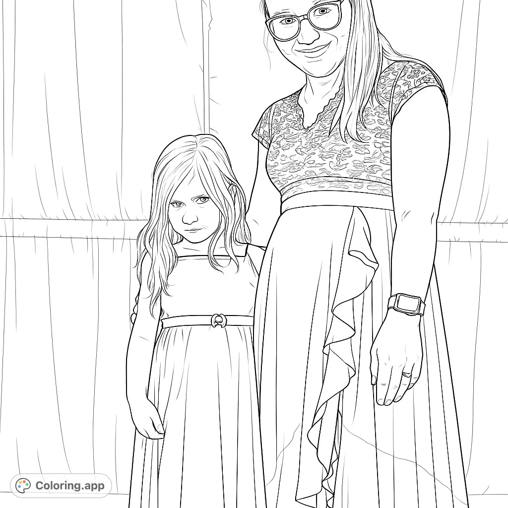 Elegant mother and daughter in formal dresses, standing on a wooden deck. Perfect free printable coloring page for family themes and special occasions.