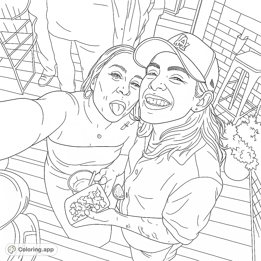Two friends capture a fun selfie moment, one with popcorn and a drink, the other playfully sticking out her tongue. Perfect for a vibrant coloring session!