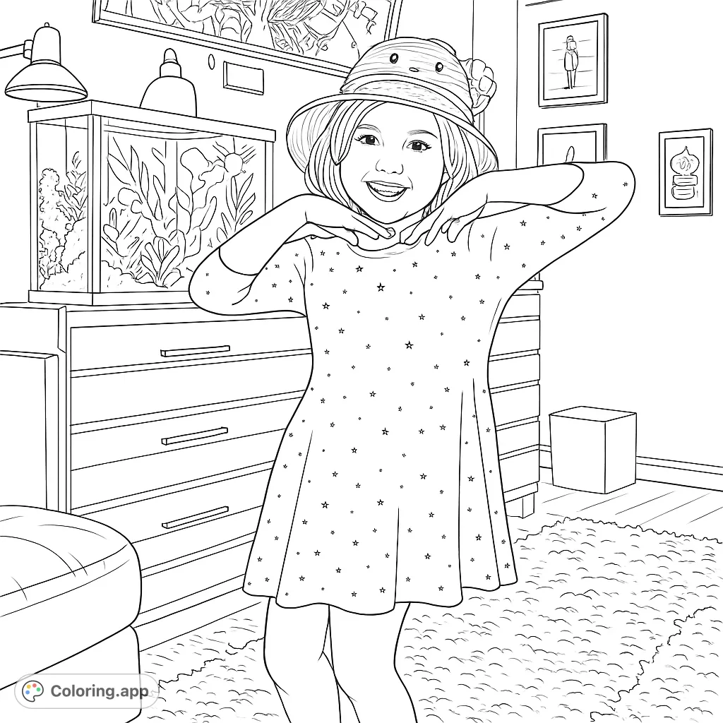A cheerful girl in a starry dress and straw hat, hands near her face, smiling brightly. A delightful free printable coloring page for kids and adults.