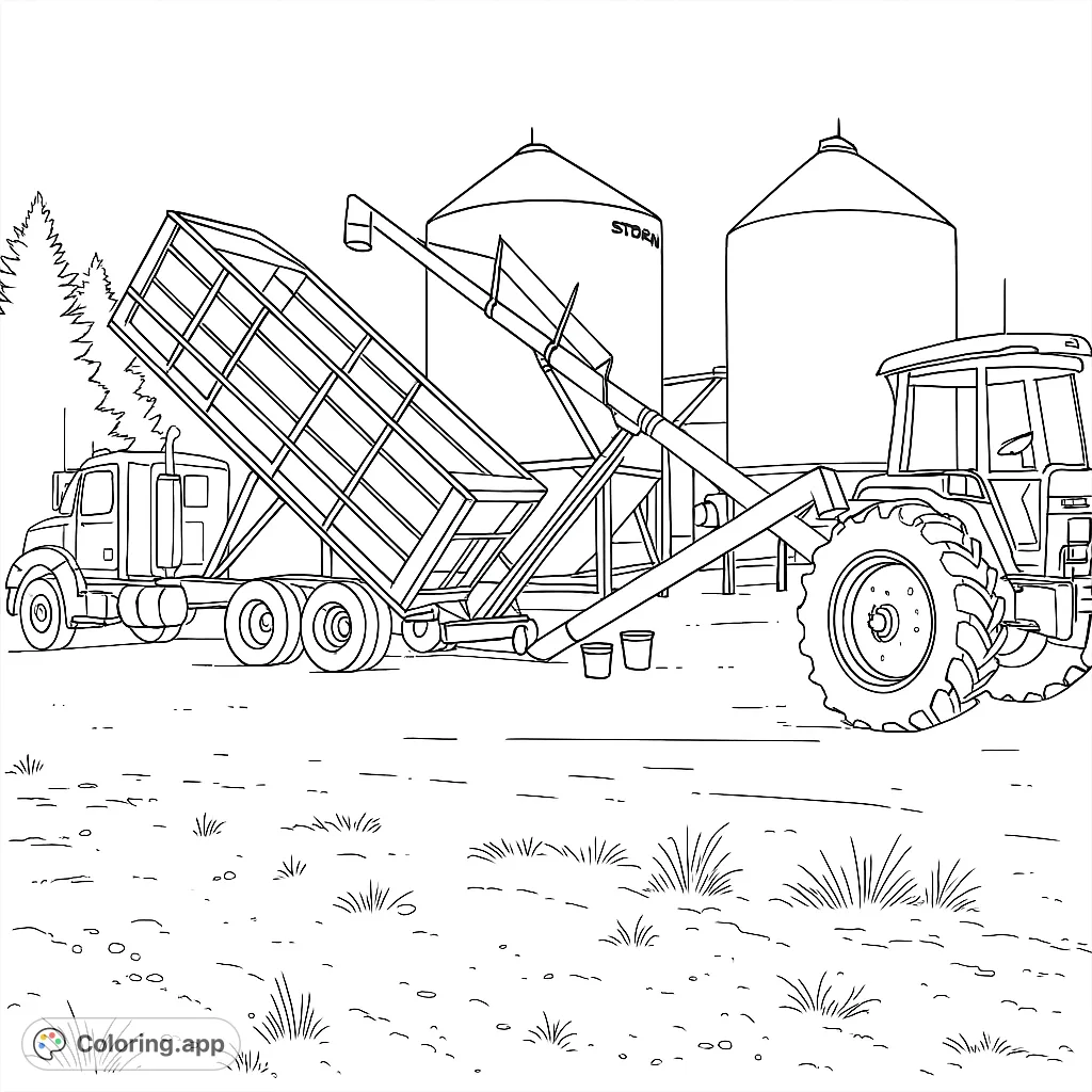 Detailed farm machinery coloring page featuring a semi-truck, grain auger, tractor, and silos. Perfect for farm enthusiasts.