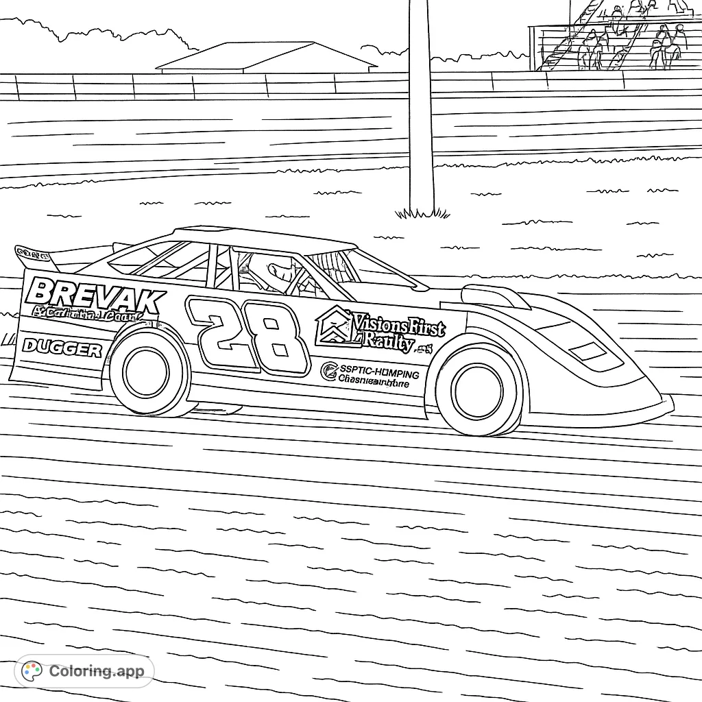 Dynamic dirt track race car with bold lines, ready for speed. Perfect for racing enthusiasts to color and customize.