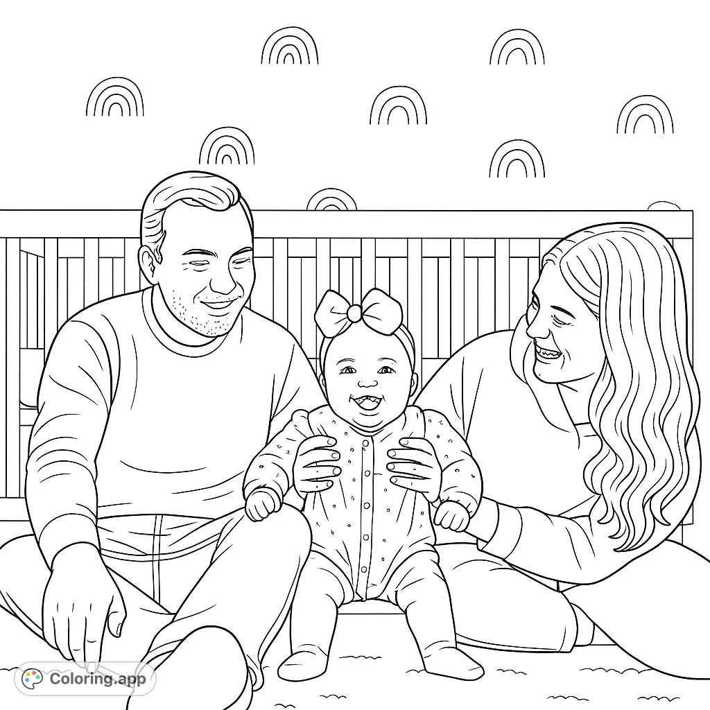 A heartwarming family scene with parents and their happy baby in a cozy nursery, featuring cute rainbow decor. A delightful free printable coloring page.